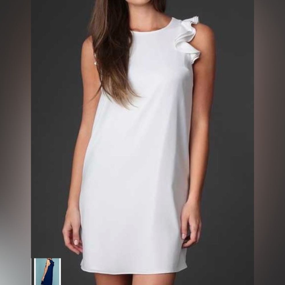 Naked zebra white ruffle shoulder mini dress